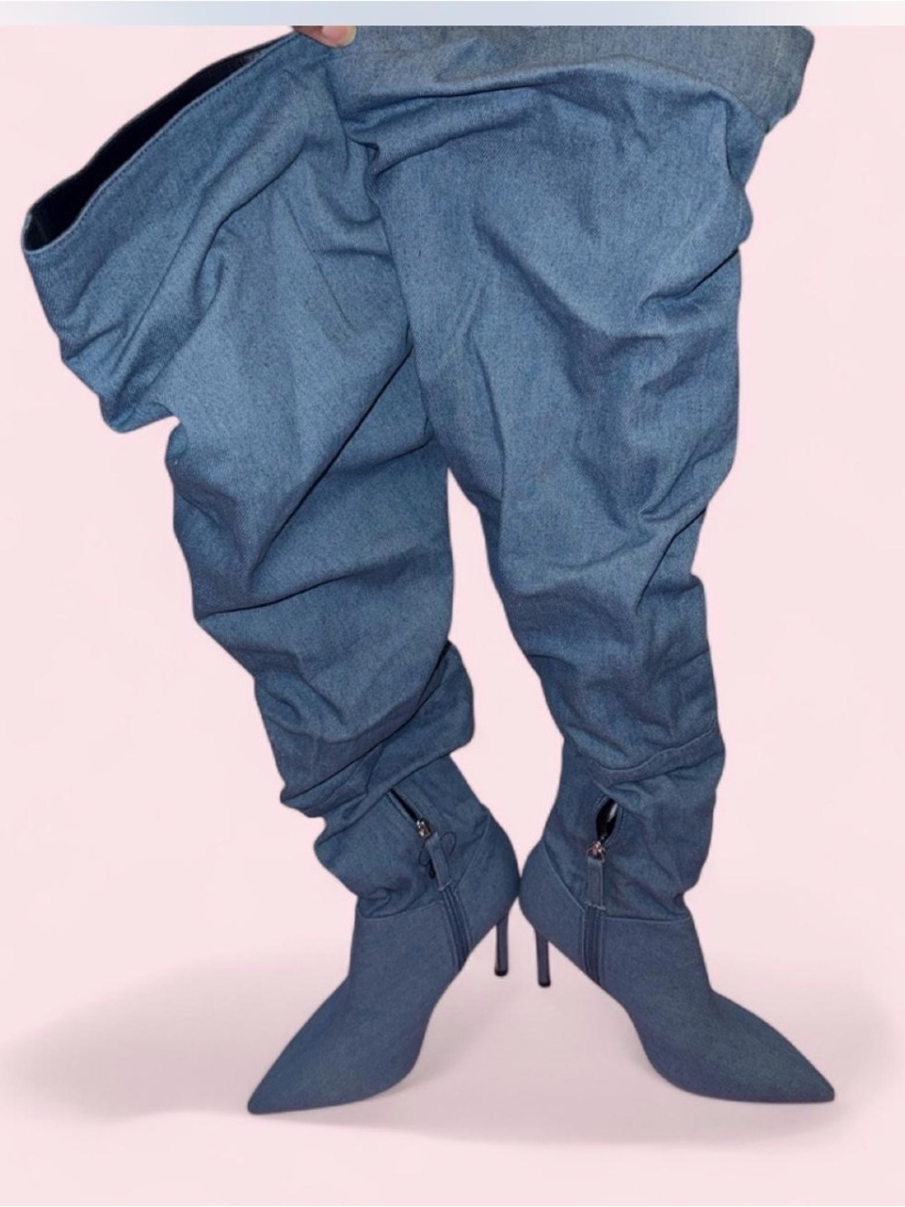 Forever 21 Blue Denim Over-the-Knee Slouchy Stiletto Boots